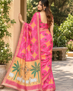 Rani Pink Pichwai Cow Gold Chanderi Saree
