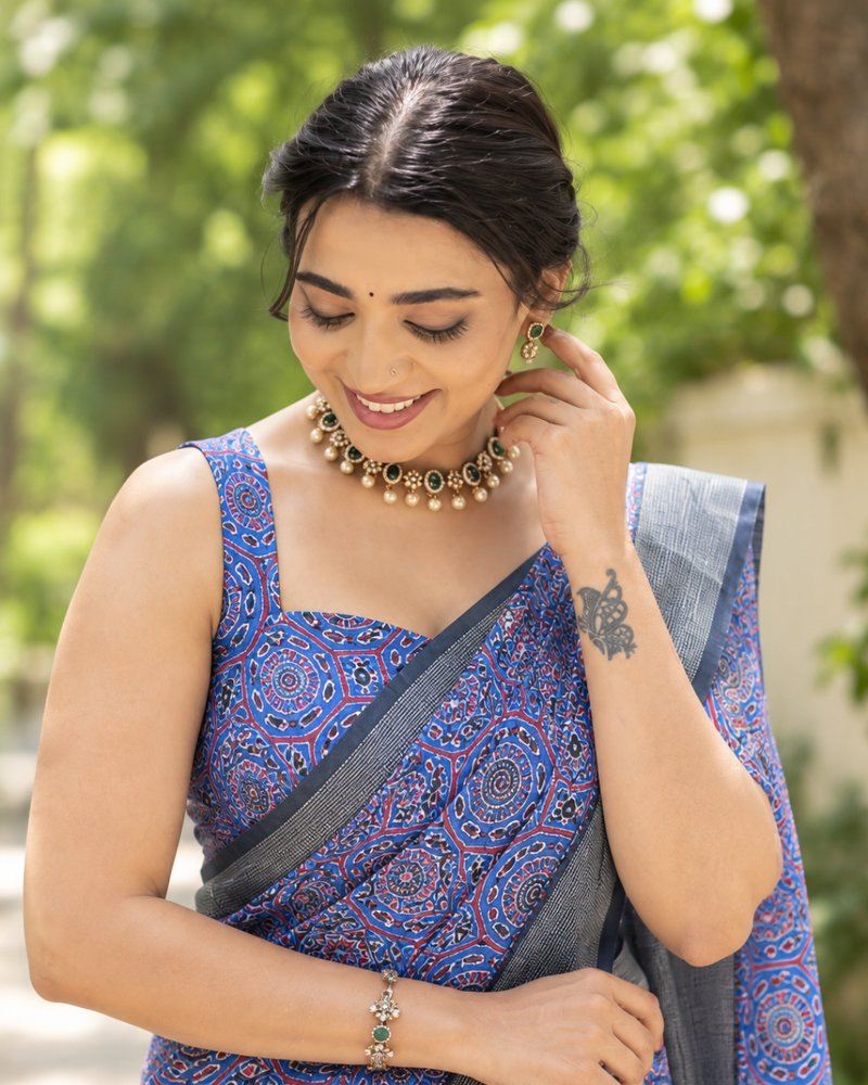 Indigo Mandala Tile Print Chanderi Saree