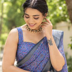 Indigo Mandala Tile Print Chanderi Saree