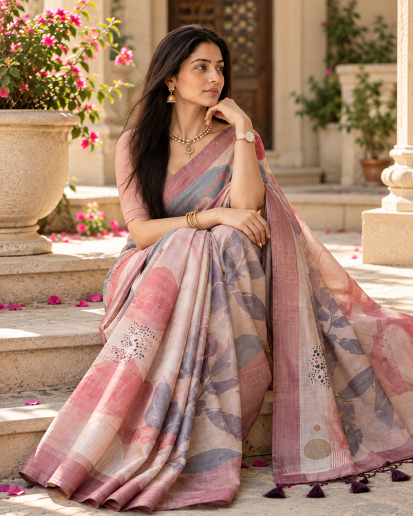 Dusty Rose & Slate Abstract Contour Premium Silk Saree