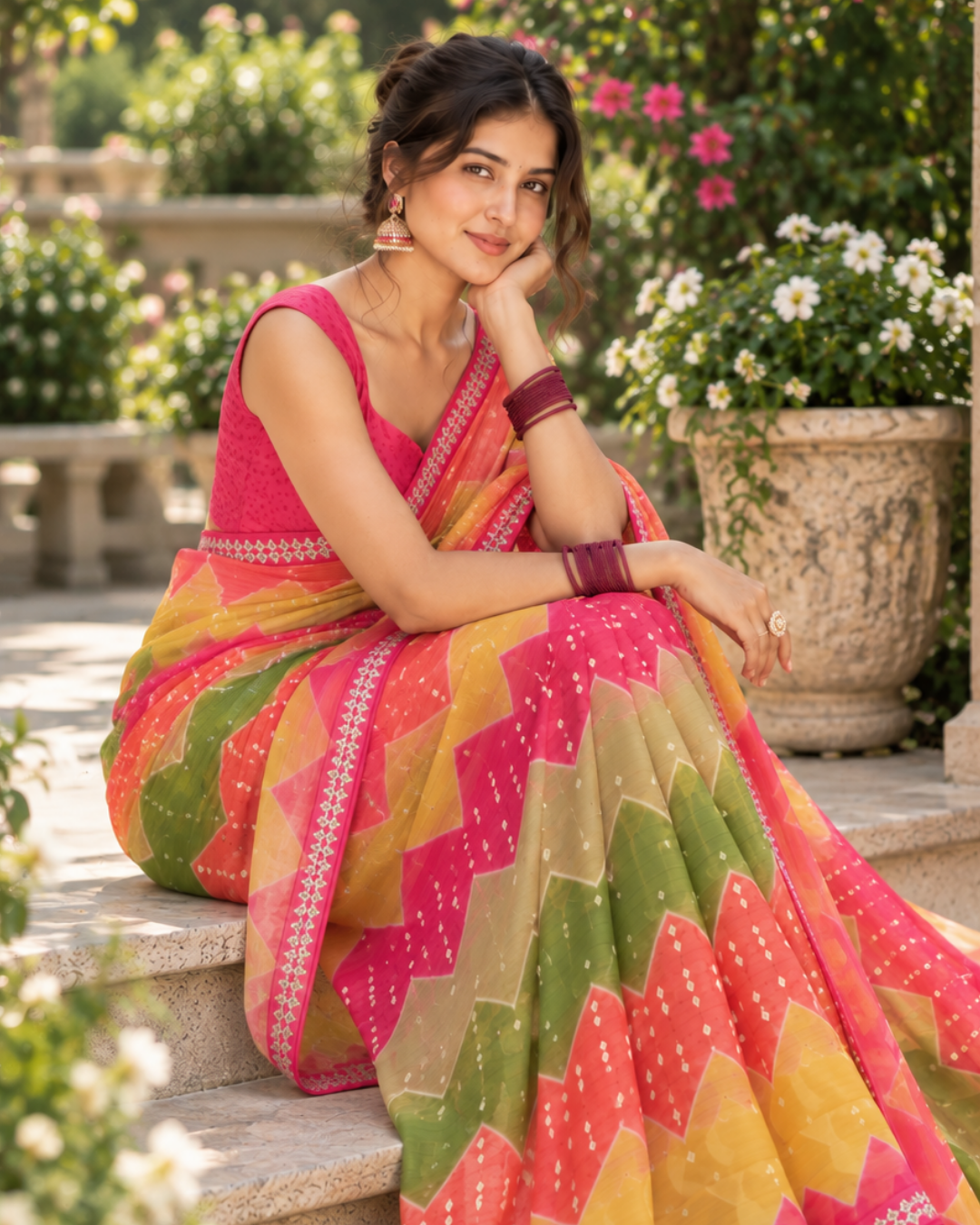 Multicolor Bandhani Zigzag Chevron Saree