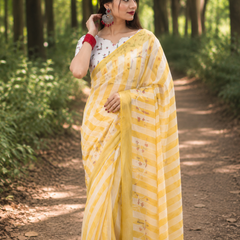 Sunshine Yellow Striped Chanderi Saree
