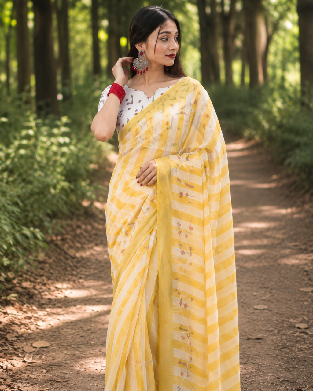Sunshine Yellow Striped Chanderi Saree