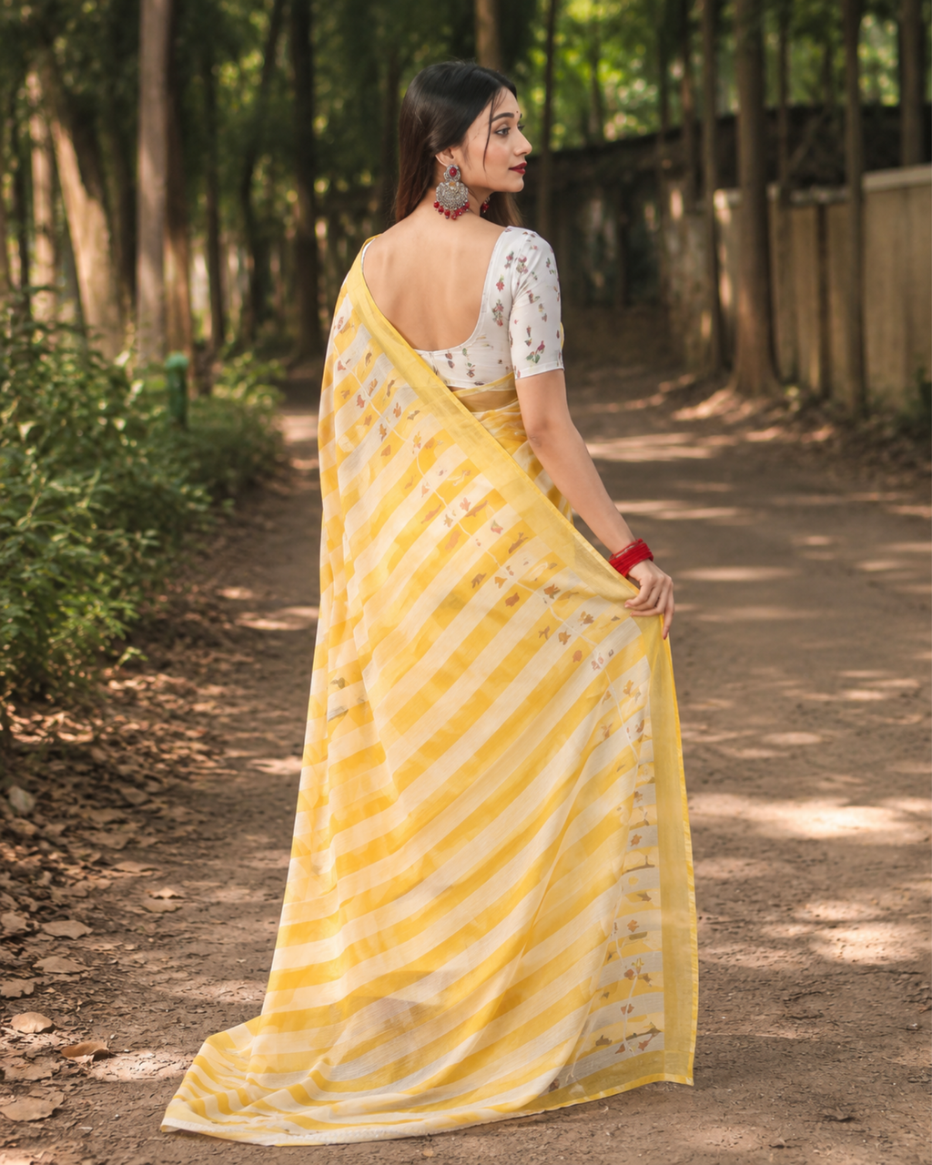 Sunshine Yellow Striped Chanderi Saree