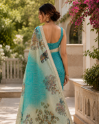 Turquoise Blue Bandhani Kalamkari Fandy Silk Saree