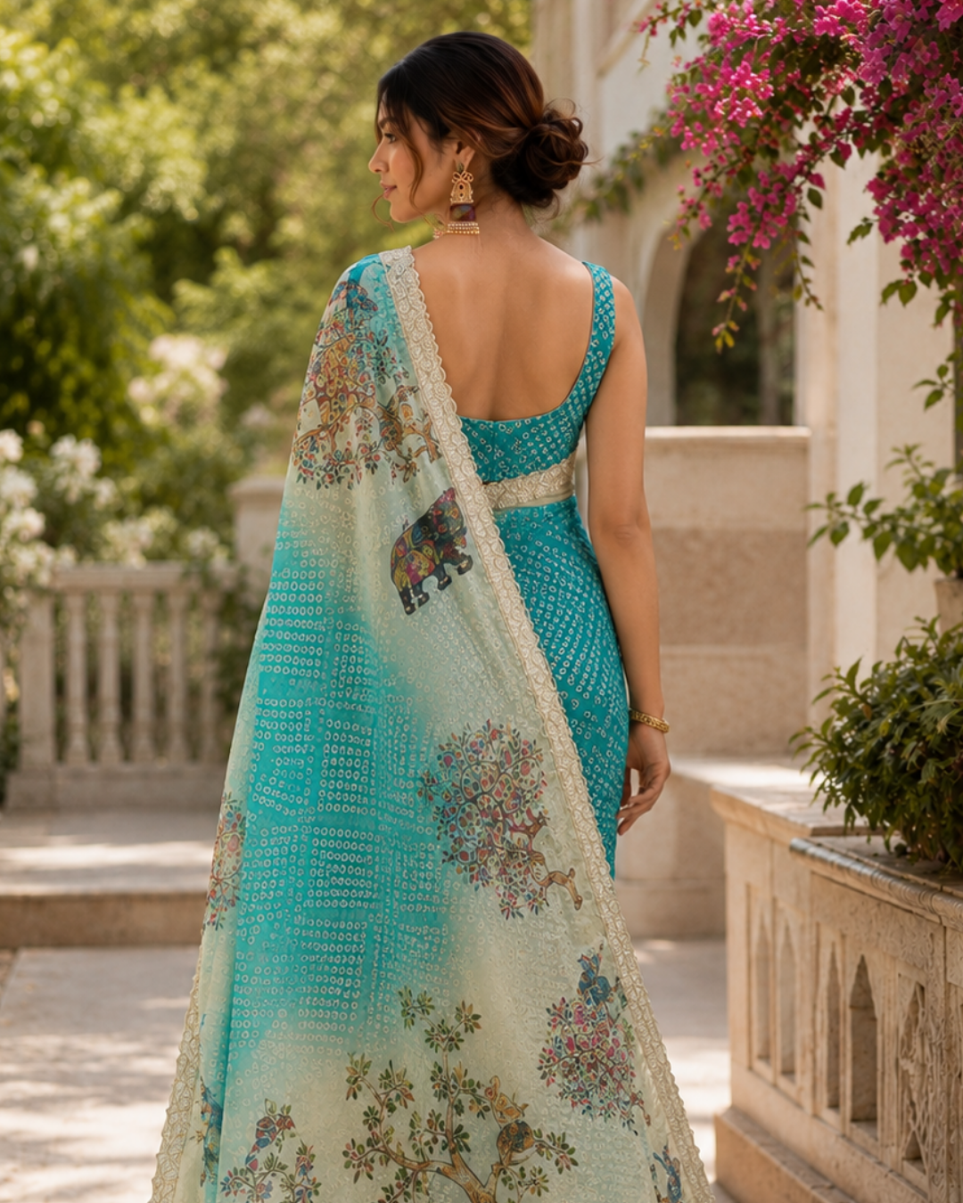 Turquoise Blue Bandhani Kalamkari Fandy Silk Saree