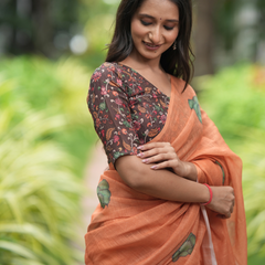 Rustic Orange Earthy Block Print Linen Saree