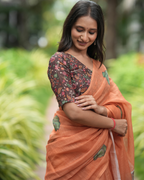 Rustic Orange Earthy Block Print Linen Saree