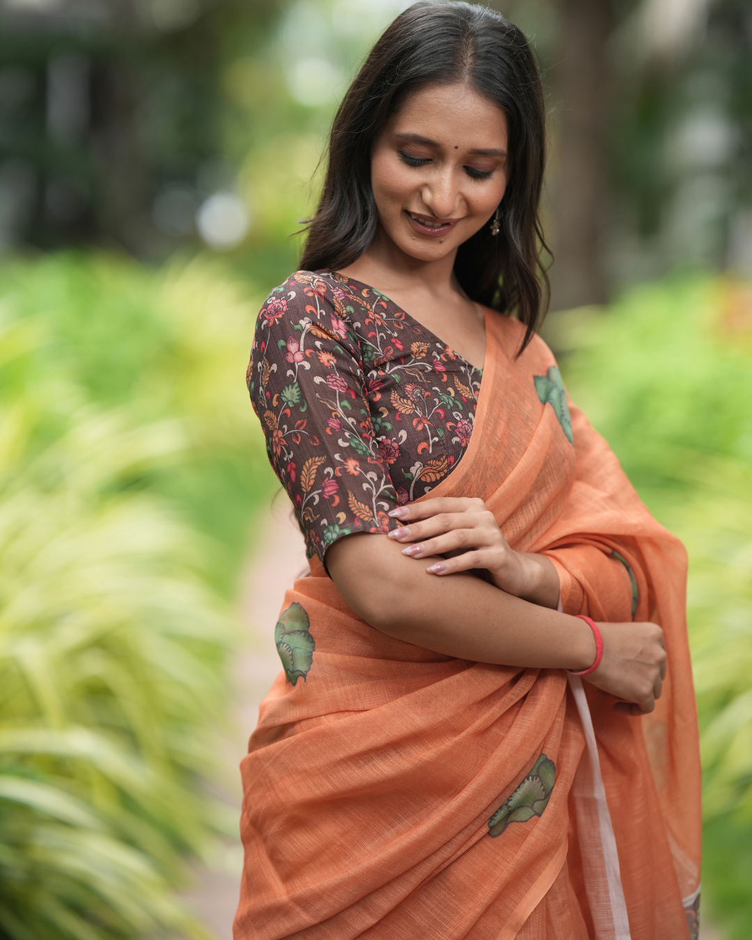 Rustic Orange Earthy Block Print Linen Saree
