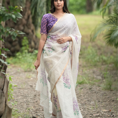 Off-White Lavender Floral Printed Linen Saree