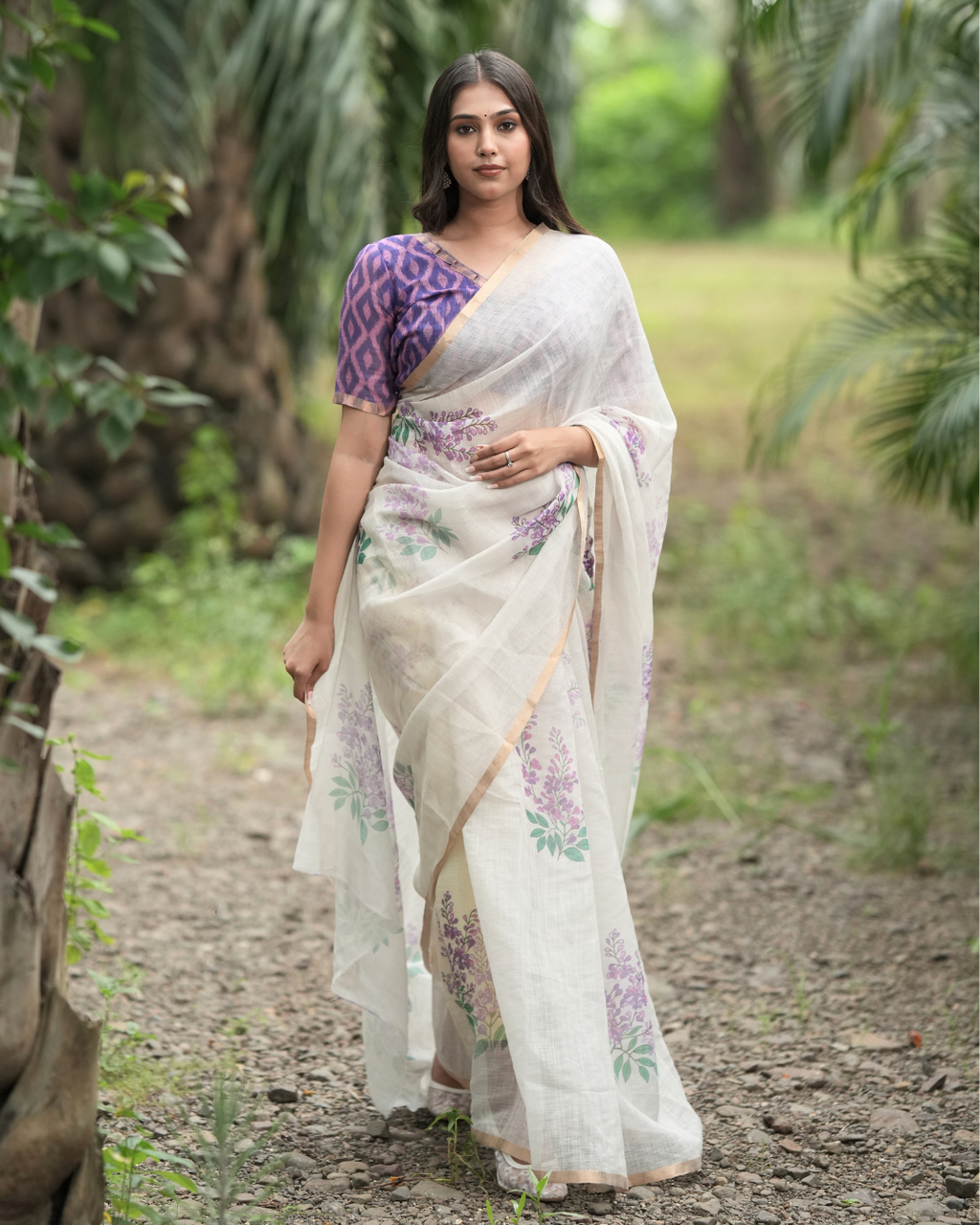 Off-White Lavender Floral Printed Linen Saree