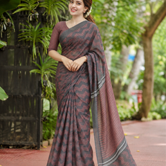Charcoal Black & Maroon Herringbone Zigzag Linen Saree