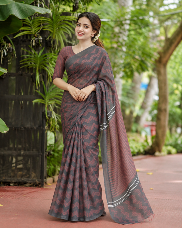 Charcoal Black & Maroon Herringbone Zigzag Linen Saree