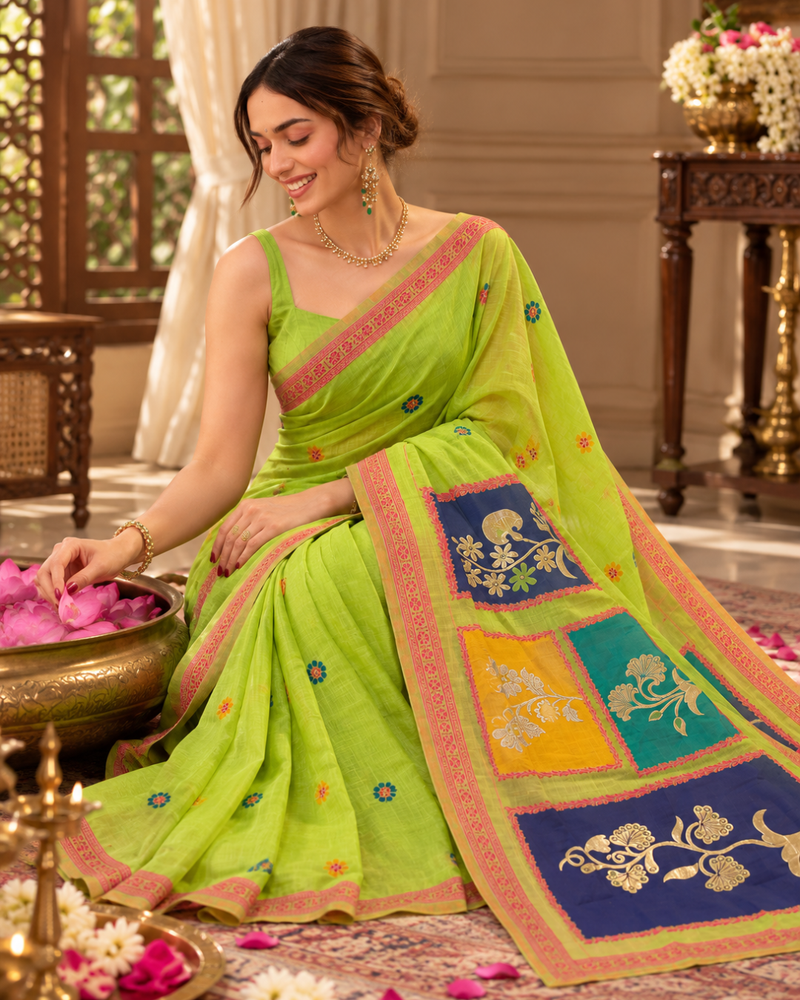 Parrot Green Color-Block Jamdani Cotton Saree