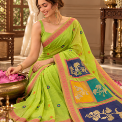 Parrot Green Color-Block Jamdani Cotton Saree