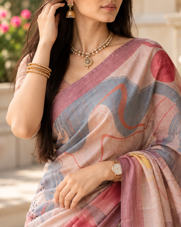 Dusty Rose & Slate Abstract Contour Premium Silk Saree