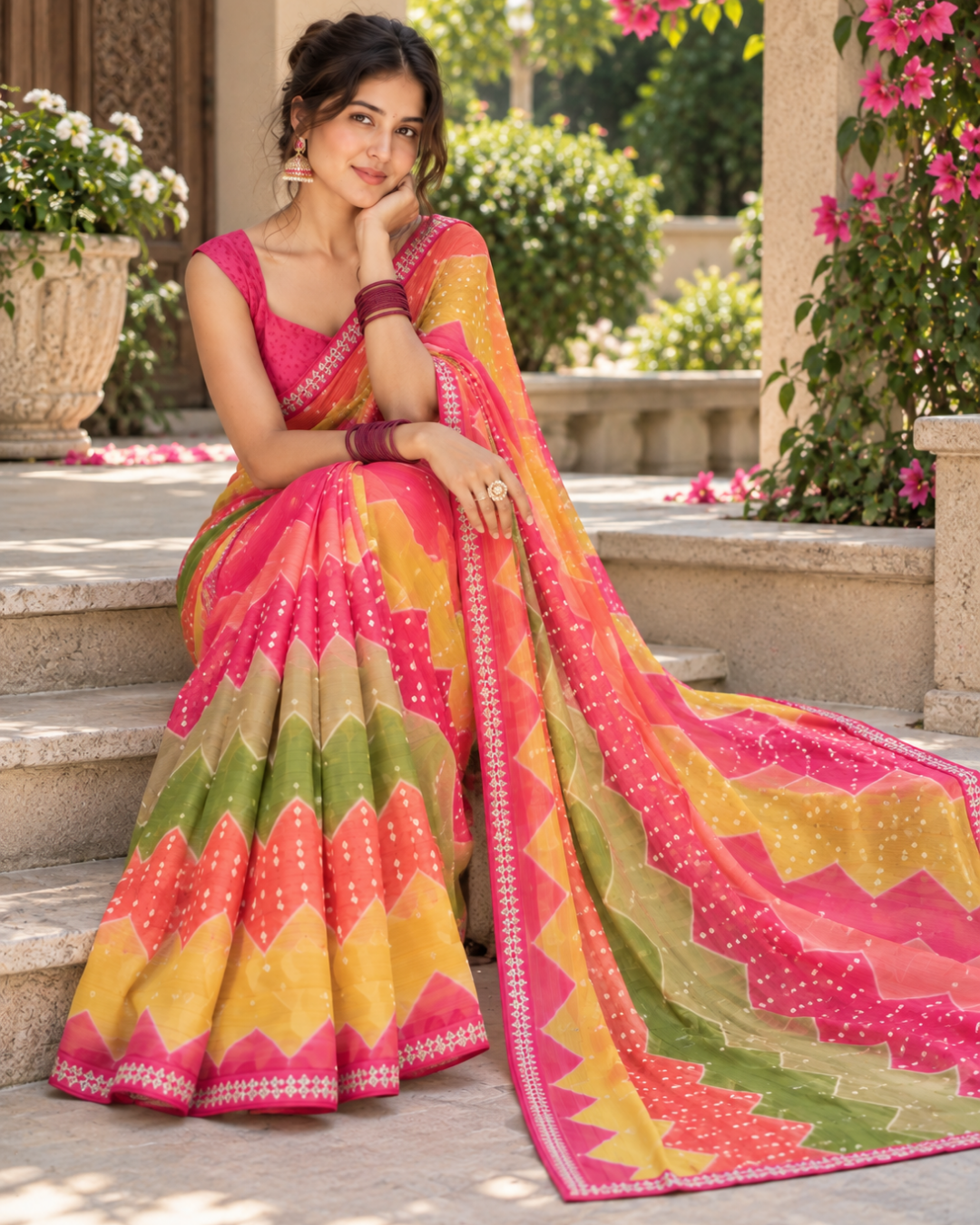 Multicolor Bandhani Zigzag Chevron Saree