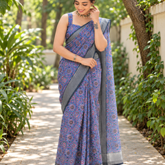 Indigo Mandala Tile Print Chanderi Saree