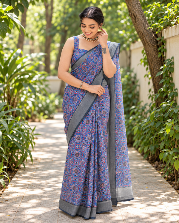 Indigo Mandala Tile Print Chanderi Saree
