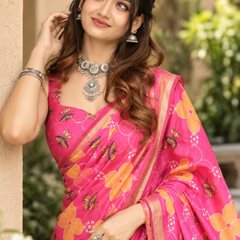 Rani Pink Pichwai Cow Gold Chanderi Saree