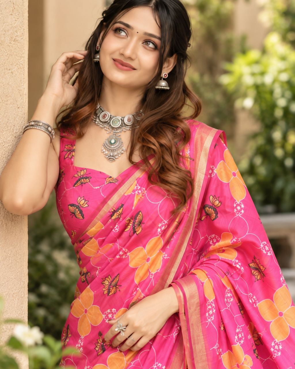 Rani Pink Pichwai Cow Gold Chanderi Saree