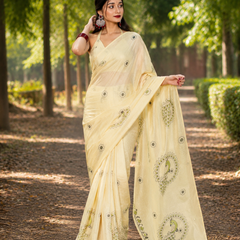 White Peacock Print Chanderi Saree