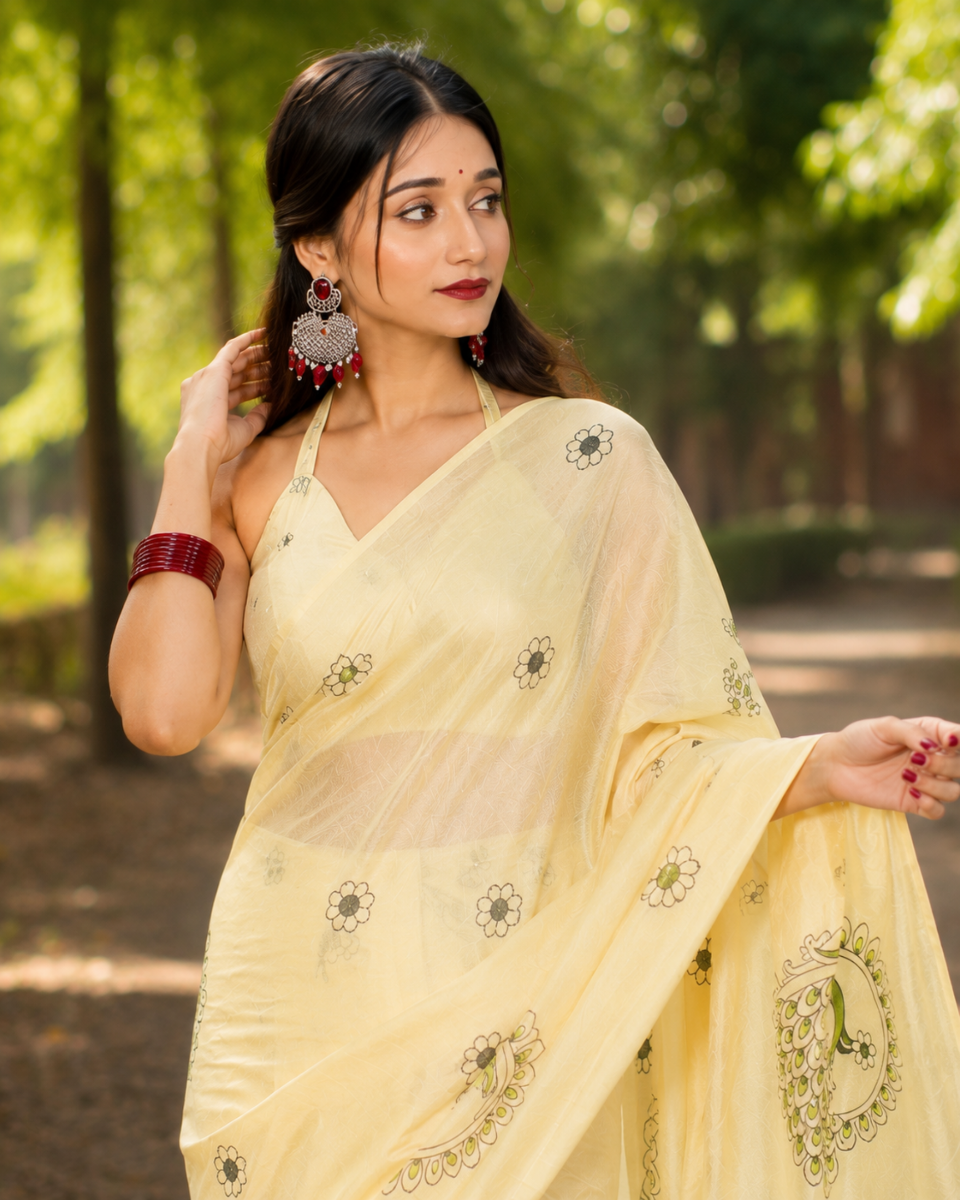 White Peacock Print Chanderi Saree