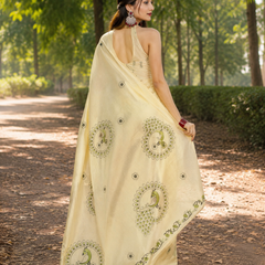 White Peacock Print Chanderi Saree