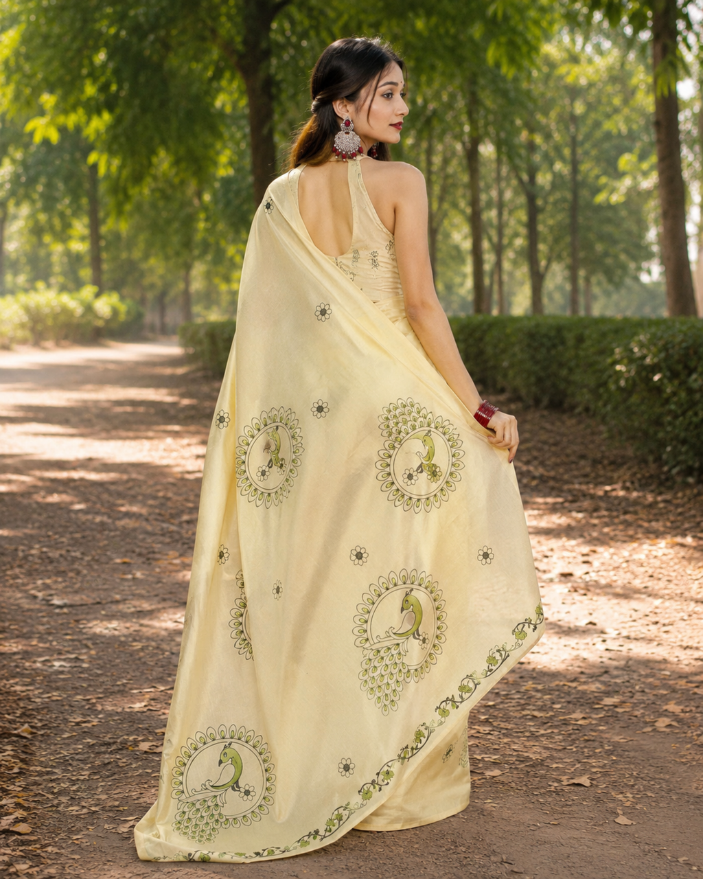 White Peacock Print Chanderi Saree