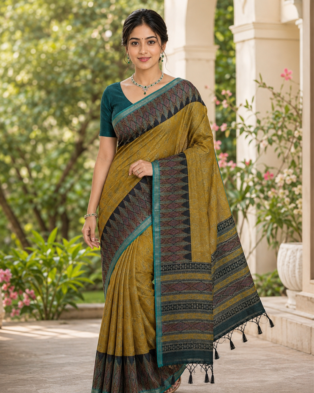 Antique Olive Mustard Ikat Weave Premium Silk Saree
