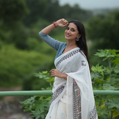 Classic White Kalamkari Figurine Printed Linen Saree