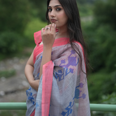 Grey & Coral Pink Ikat Motif Linen Saree