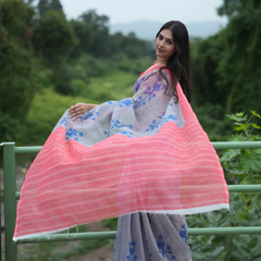 Grey & Coral Pink Ikat Motif Linen Saree