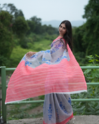 Grey & Coral Pink Ikat Motif Linen Saree