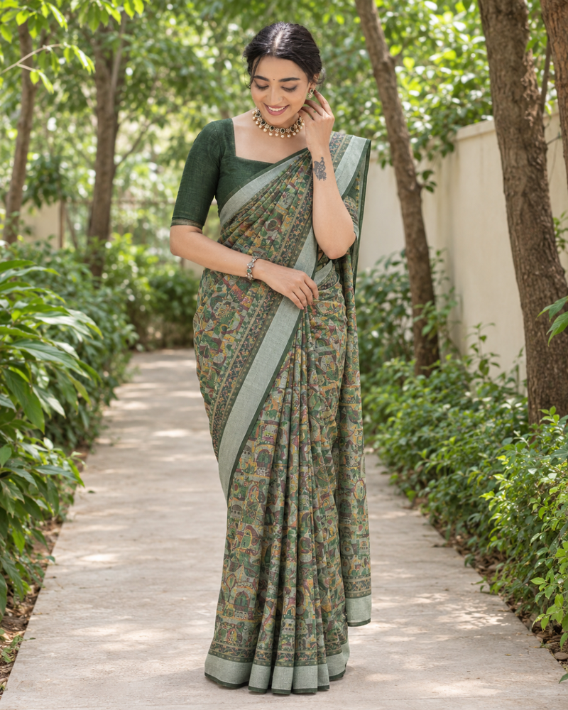 Sage Green Kalamkari Miniature Chanderi Saree