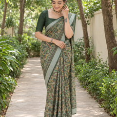 Sage Green Kalamkari Miniature Chanderi Saree