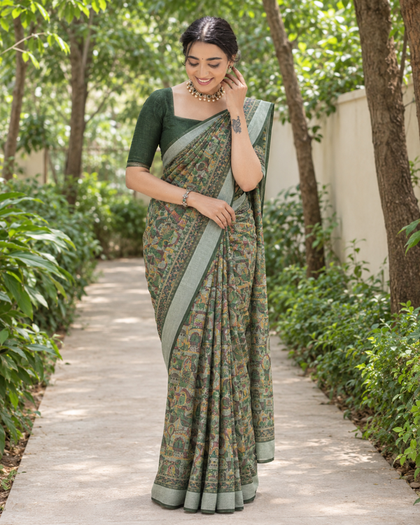 Sage Green Kalamkari Miniature Chanderi Saree