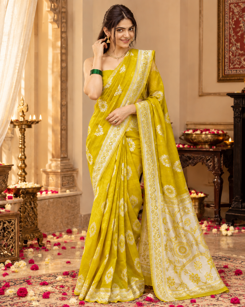 Chartreuse Medallion Jamdani Cotton Saree