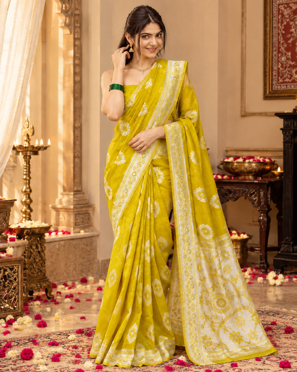 Chartreuse Medallion Jamdani Cotton Saree