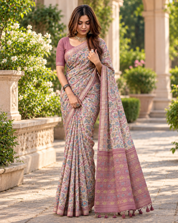 Lavender Mauve Floral Kalamkari Jaal Premium Silk Saree