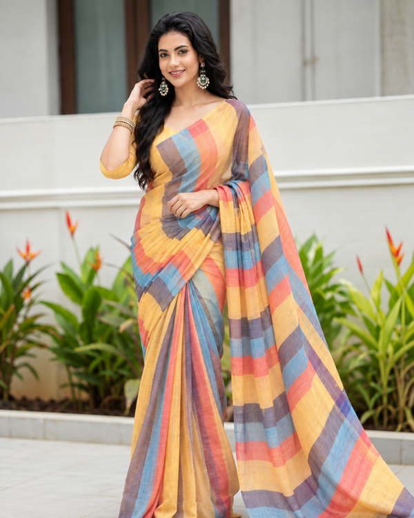 Sunrise Multicolor Pastel Striped Linen Saree