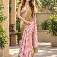 Blush Pink Check Parrot Green Border Chanderi Saree