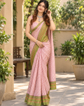 Blush Pink Check Parrot Green Border Chanderi Saree