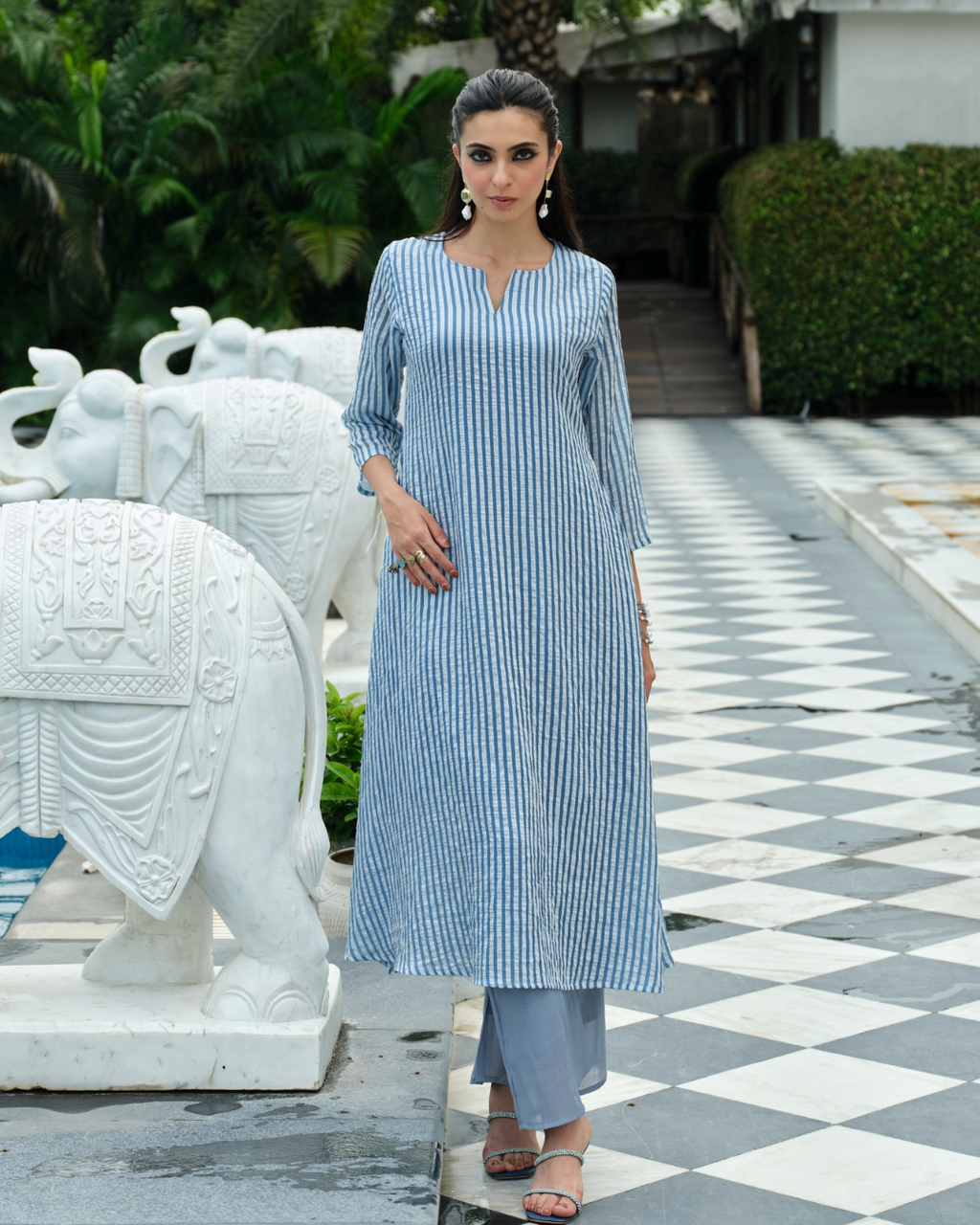 Powder Blue Striped Tunic Set