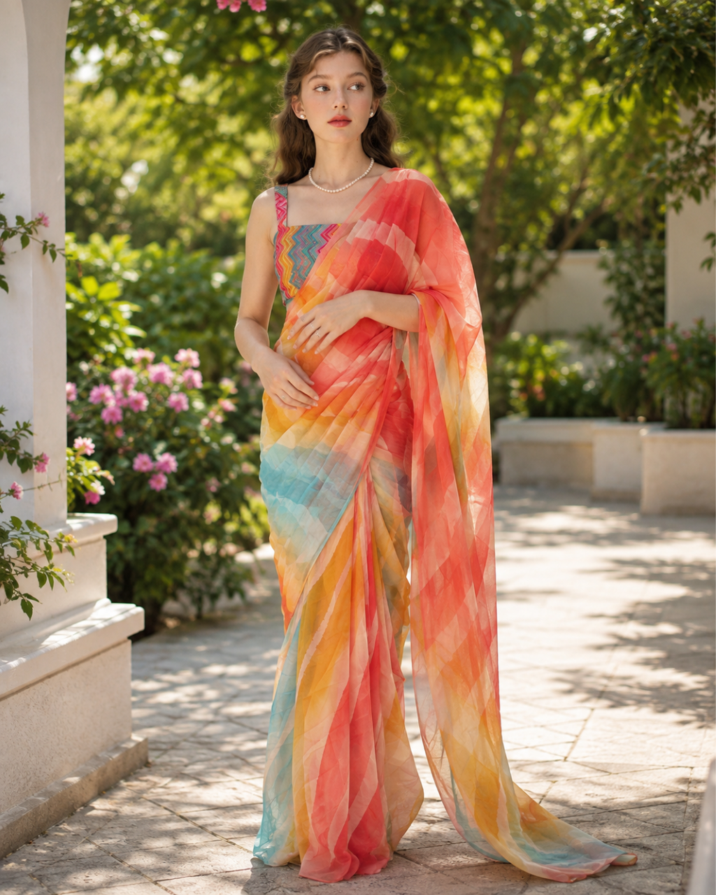 Sunset Sherbet Watercolor Striped Saree