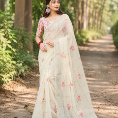 Ivory Pink Floral Check Print Chanderi Saree