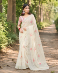 Ivory Pink Floral Check Print Chanderi Saree