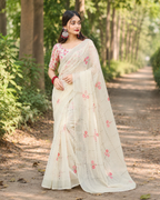 Ivory Pink Floral Check Print Chanderi Saree