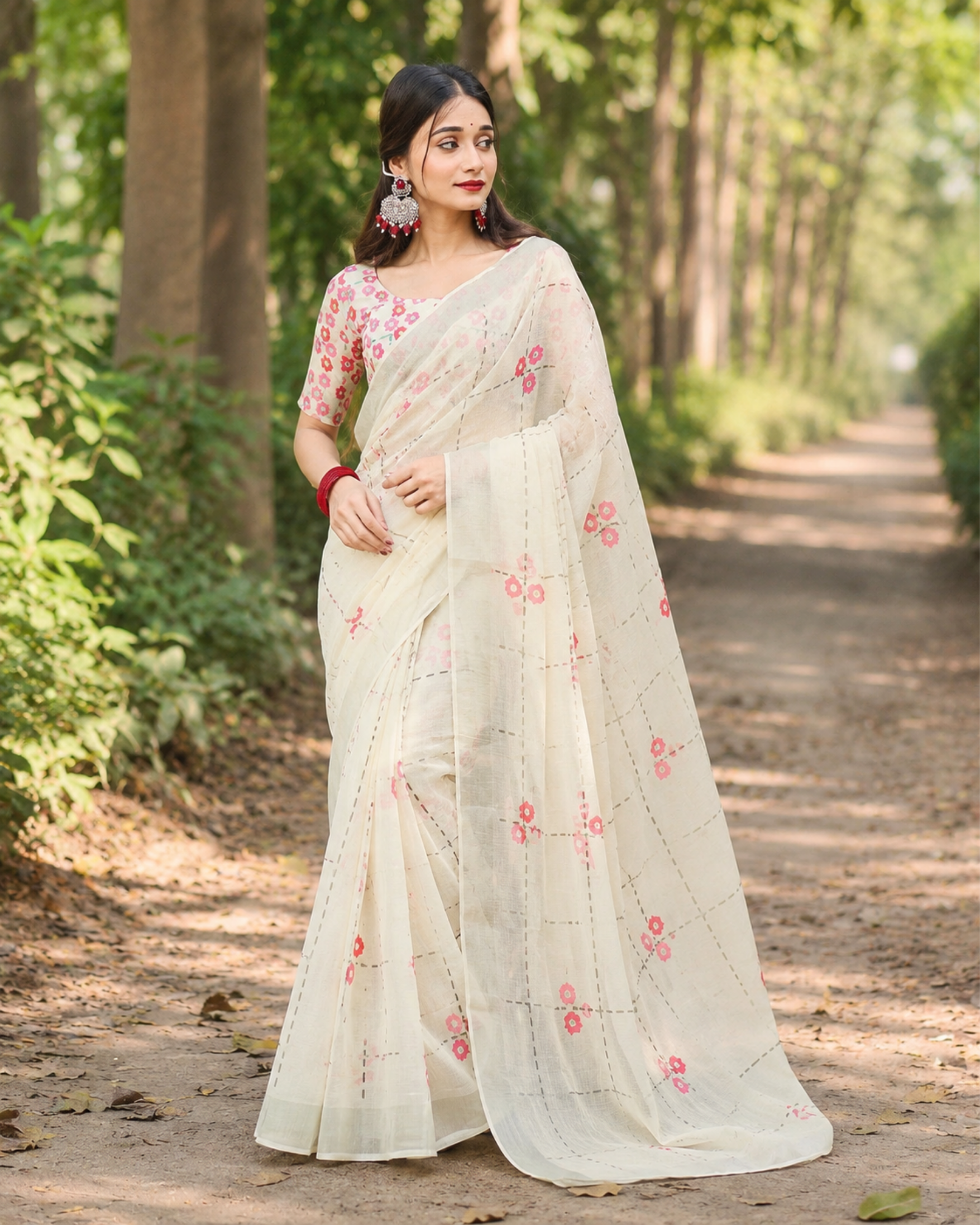 Ivory Pink Floral Check Print Chanderi Saree