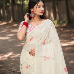 Ivory Pink Floral Check Print Chanderi Saree